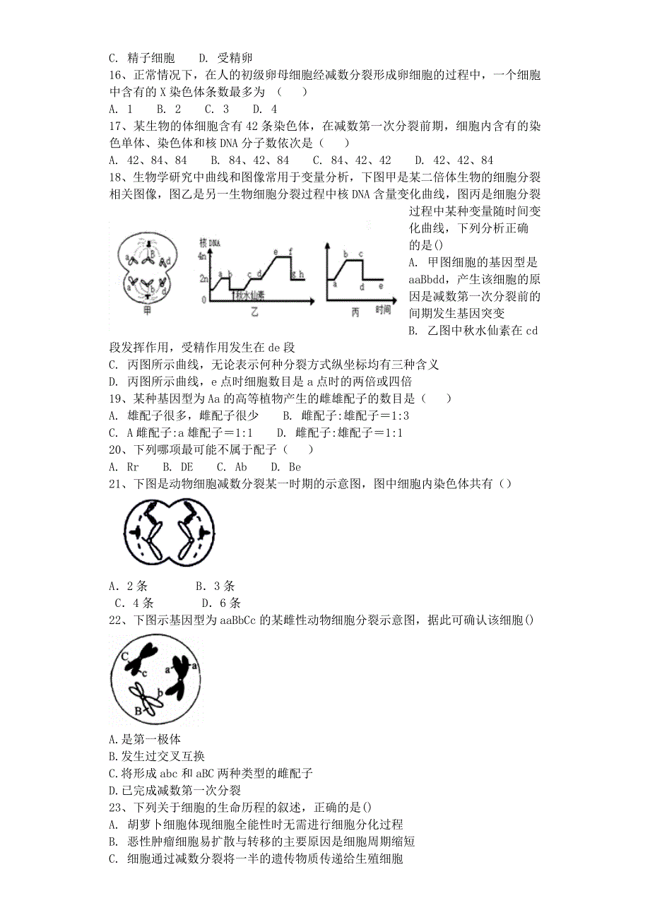 高三生物一轮复习课后训练：减数分裂和受精作用 Word含解析_第3页