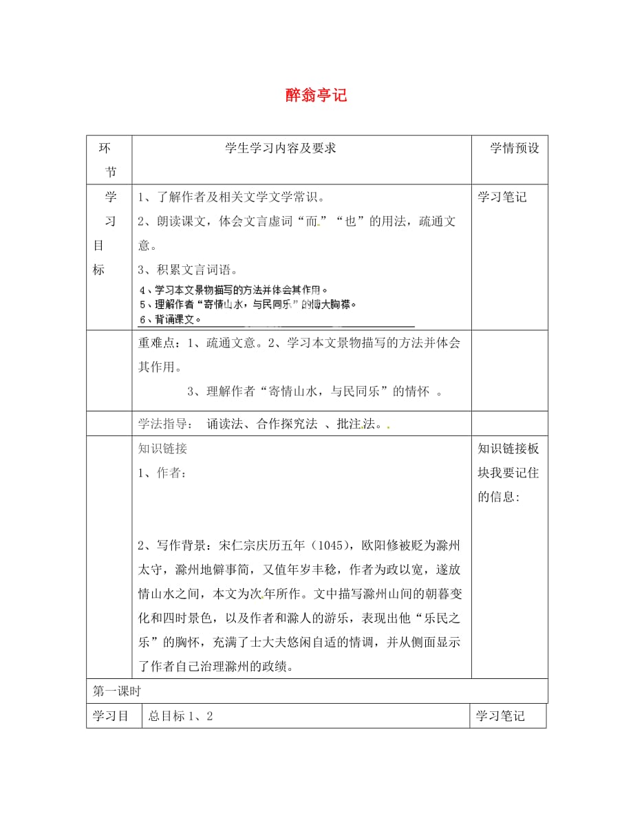 贵州省六盘水市第十三中学八年级语文下册 第六单元 第28课 醉翁亭记导学案（无答案） 新人教版_第1页