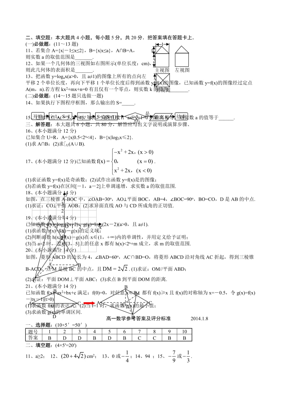 高一数学上学期期末考试试题及答案（新人教A版 第45套）_第2页