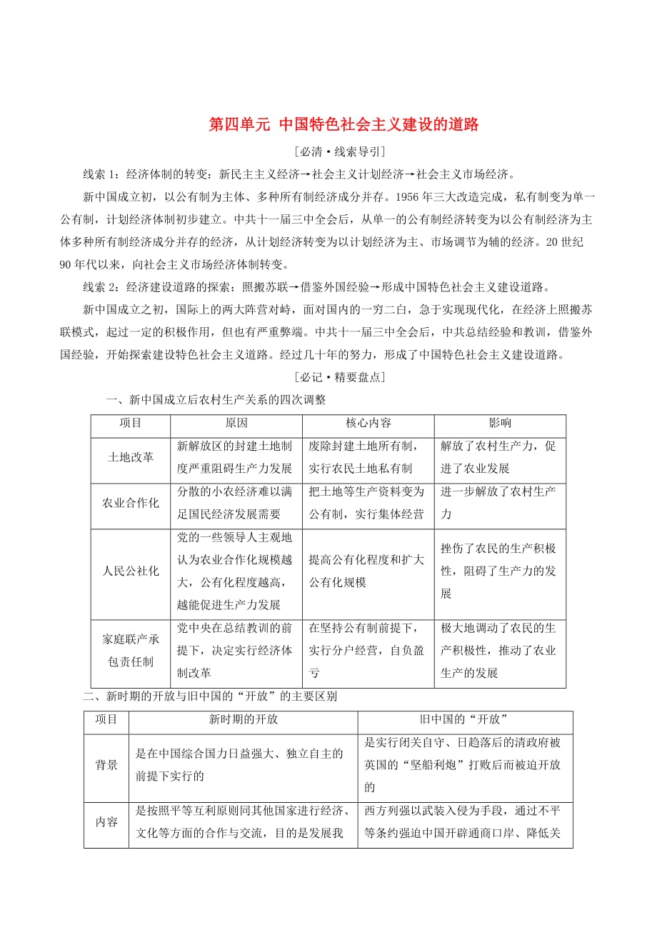 高中历史第四单元中国特色社会主义建设的道路单元小结与测评讲义（含解析）新人教版必修2_第1页