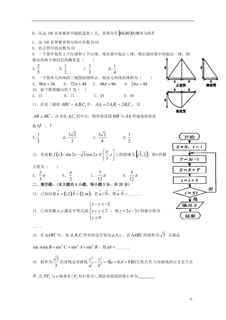 宁夏高三数学第一次模拟考试试题文（无答案） (1).doc_第2页