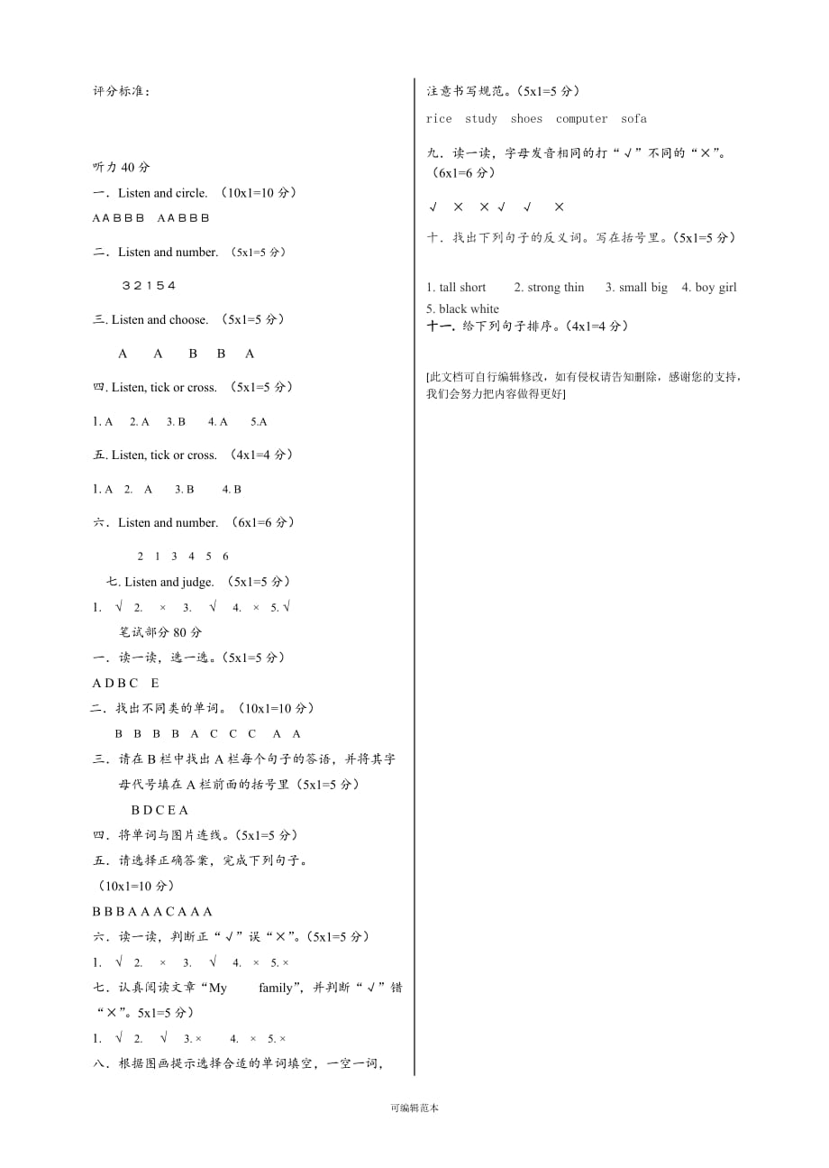 小学英语人教版PEP(三年级起点)四年级上册英语期末测试.doc_第3页