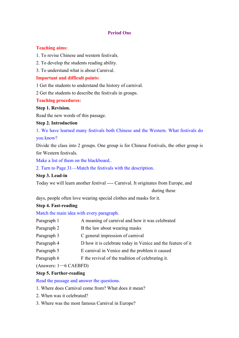 外研版高中英语必修5 Module 4《Carnival》教案_第1页