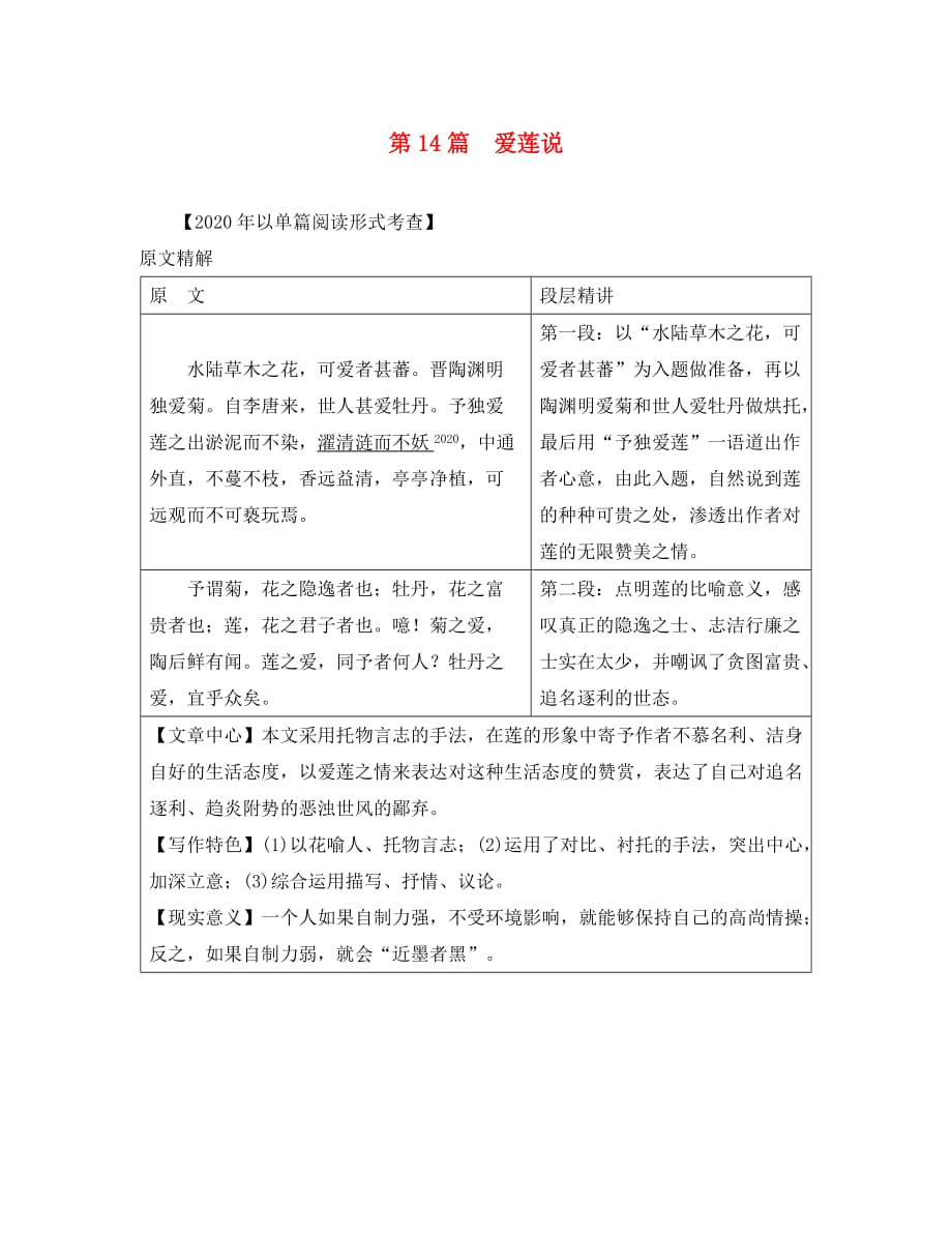 （课标版）安徽省2020中考语文 第二部分 阅读专题四 文言文阅读 第14篇 爱莲说（通用）_第1页