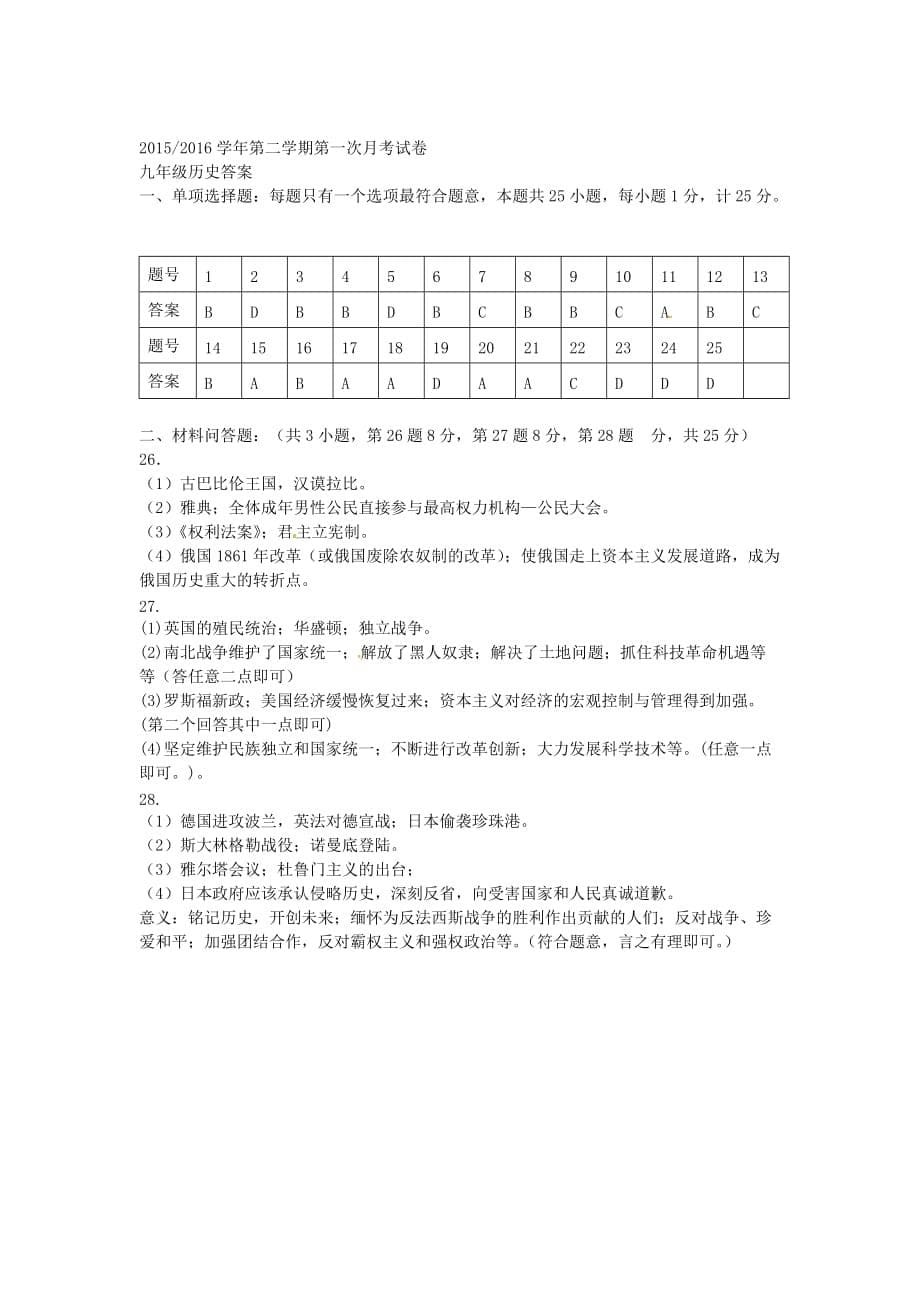 江苏省射阳县九年级历史下学期第一次月考试题_第5页