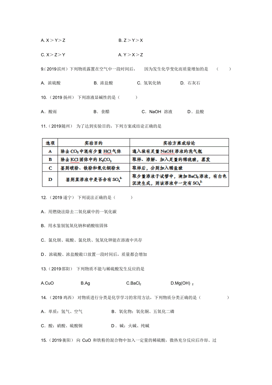 2019年中考化学真题分类训练——常见的酸和碱专题(pdf版含答案)_第2页