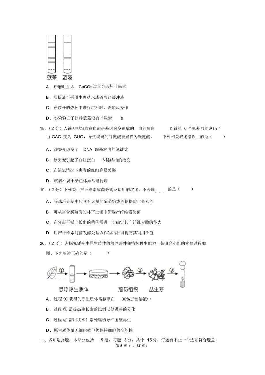 2019年江苏省高考生物试卷以及答案解析_第5页