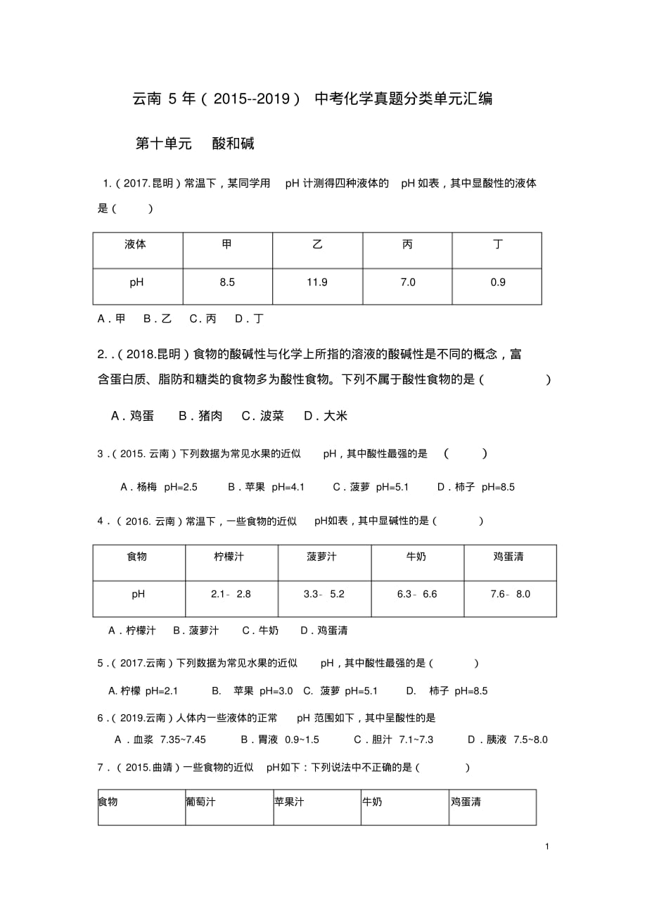 云南5年(2015-2019)中考化学真题分类单元汇编第十单元酸和碱_第1页