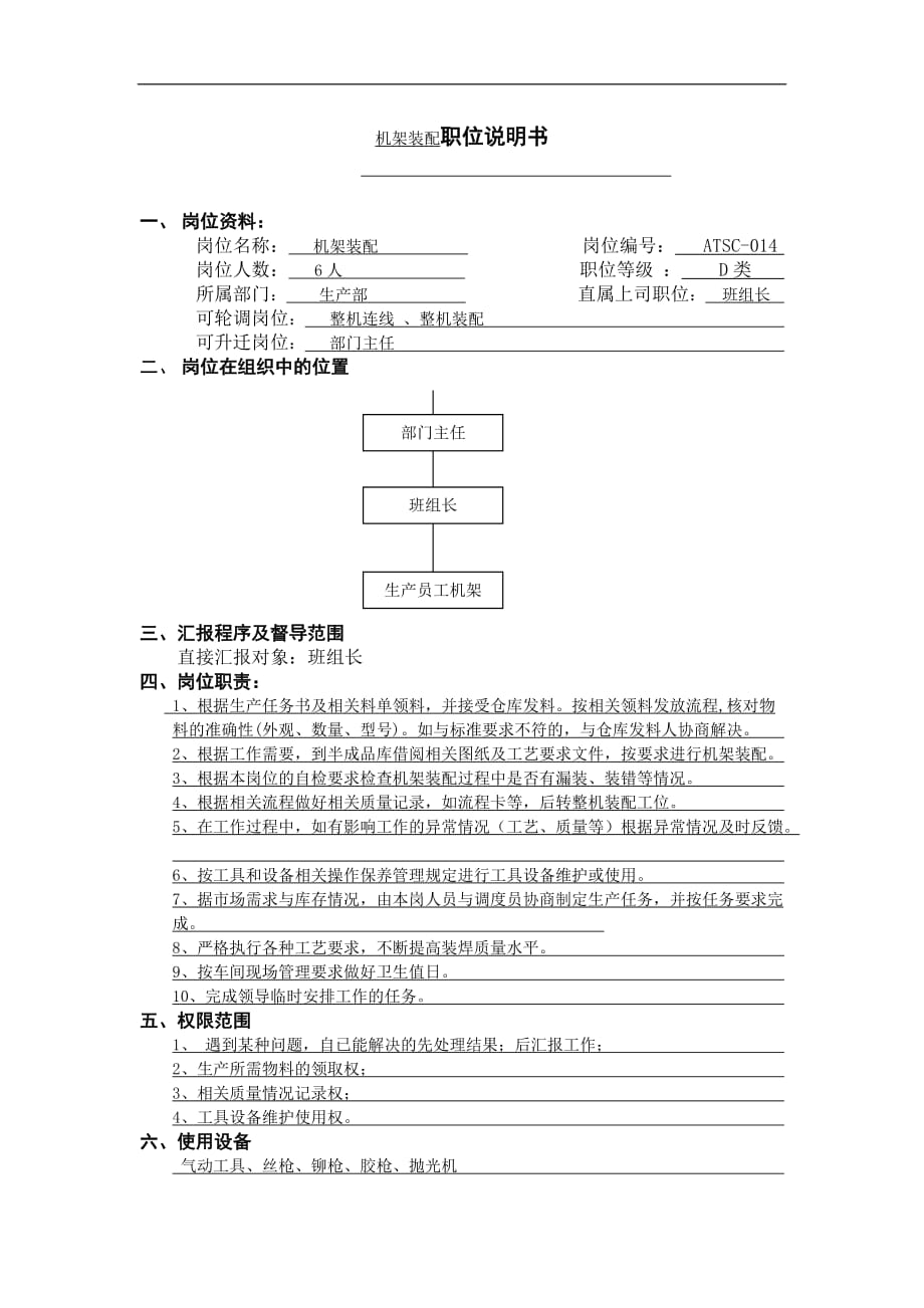 （岗位职责）机架装配职位说明书_第1页