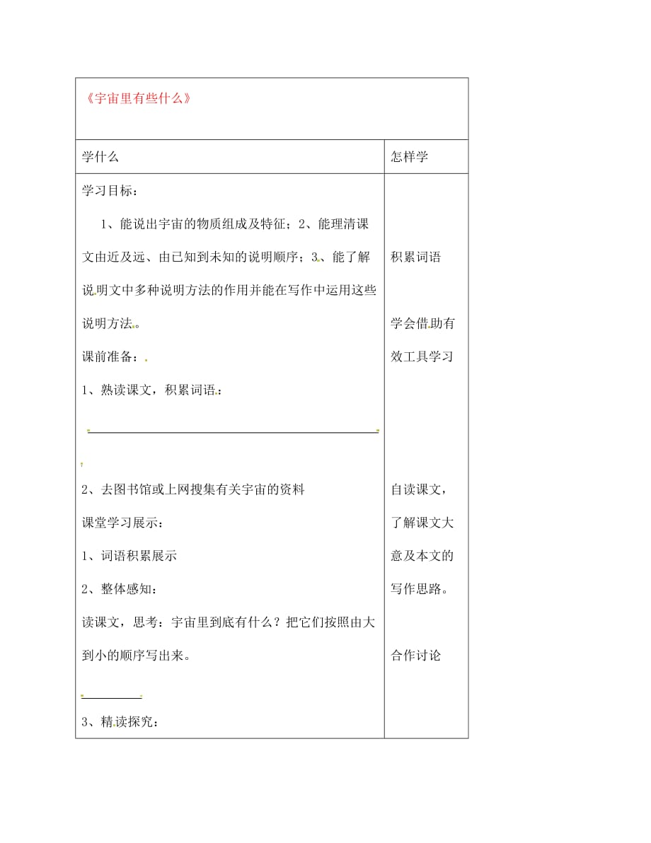 江苏省泗阳县实验初中七年级语文《宇宙里有些什么》导学案 人教新课标版（通用）_第1页