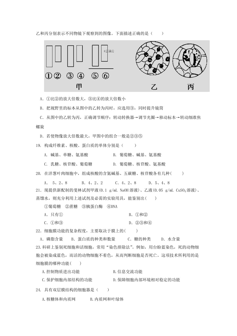 河南省周口中英文学校2019-2020学年高一上学期期中考试生物试卷word版_第4页