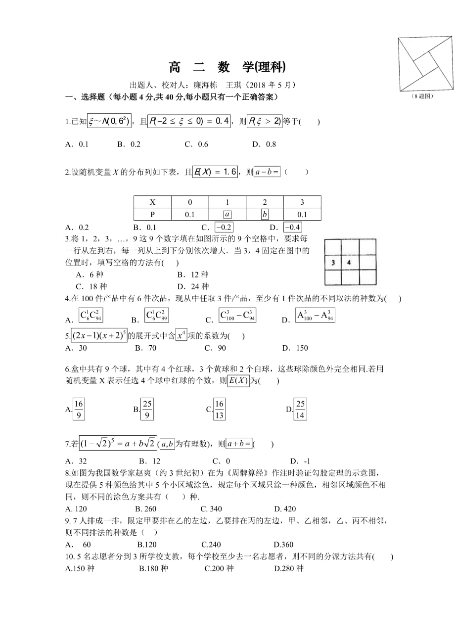 山西省高二下学期5月月考试题数学（理）Word版含答案_第1页