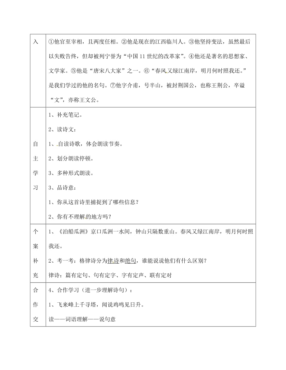 天津市滨海新区七年级语文下册 第五单元 20古代诗歌五首 登飞来峰导学案（无答案） 新人教版（通用）_第2页