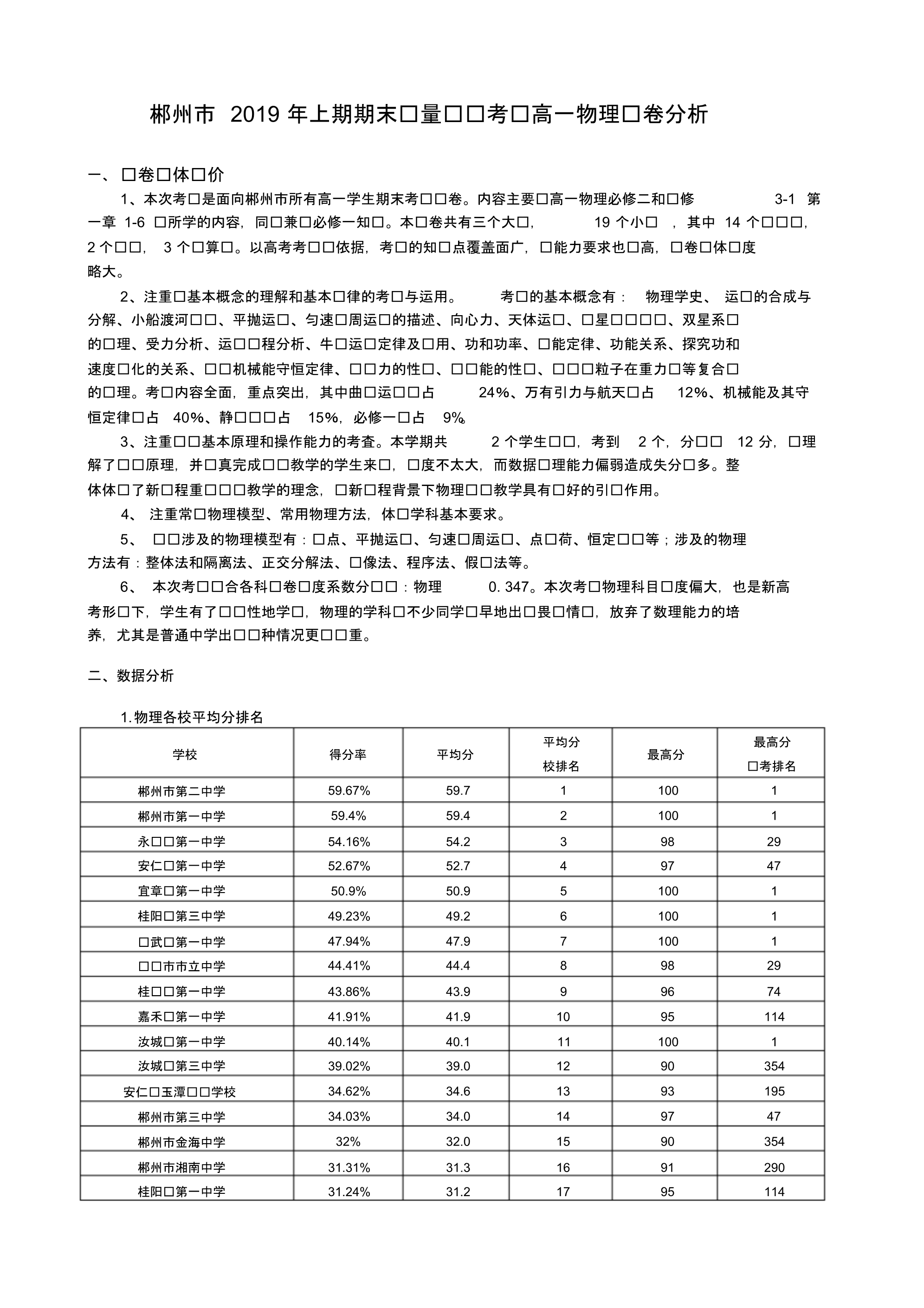 2019年上期期末质量检测考试高一物理试卷分析.doc.pdf_第1页