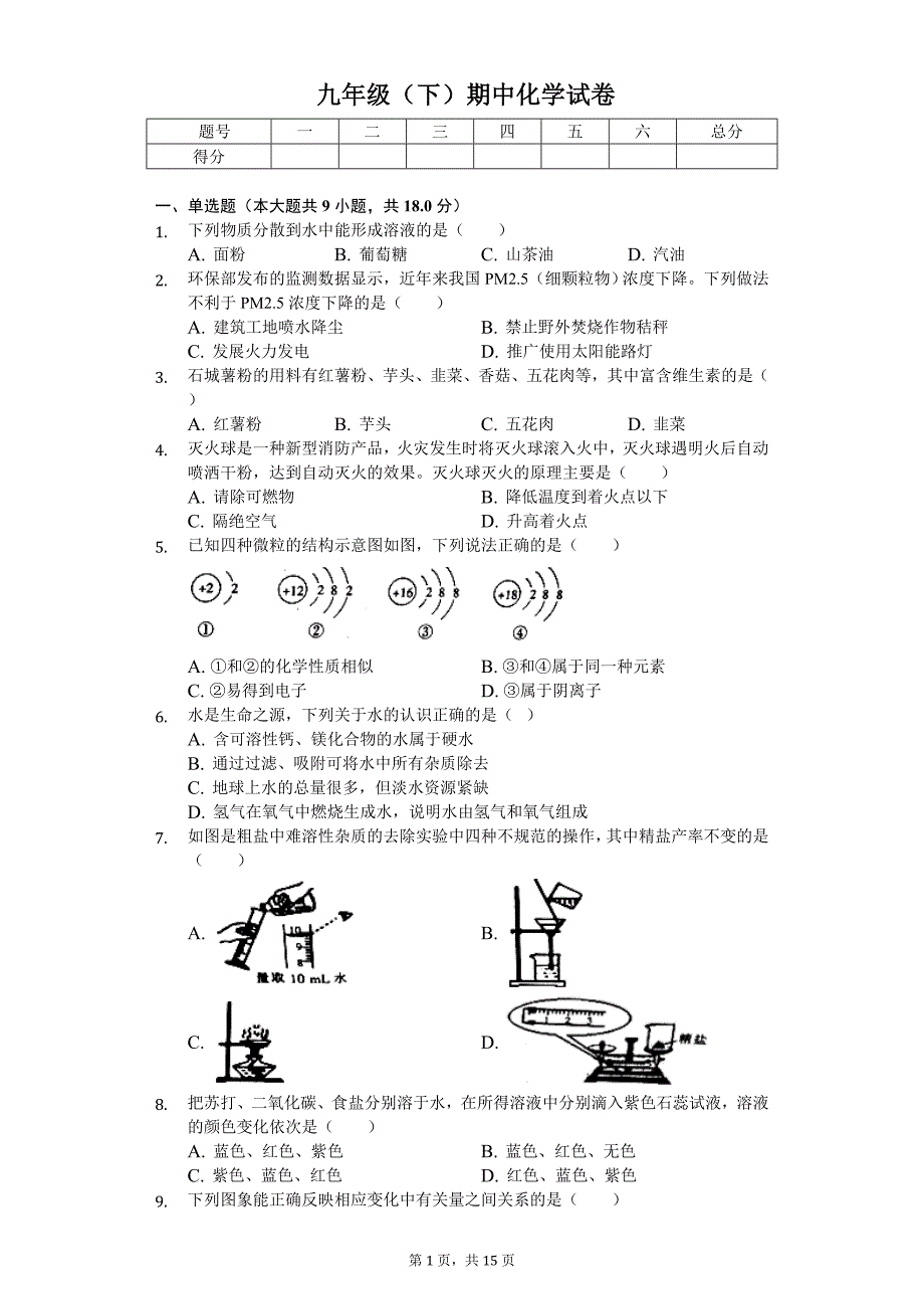 2020年江西省上饶二中九年级（下）期中化学试卷_第1页