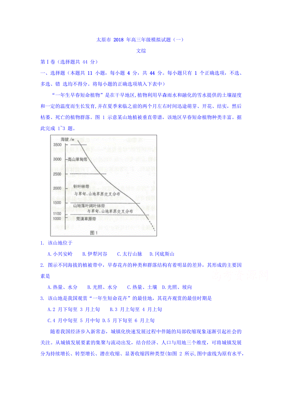 山西省太原市高三3月模拟考试（一）文科综合试题Word版含答案_第1页