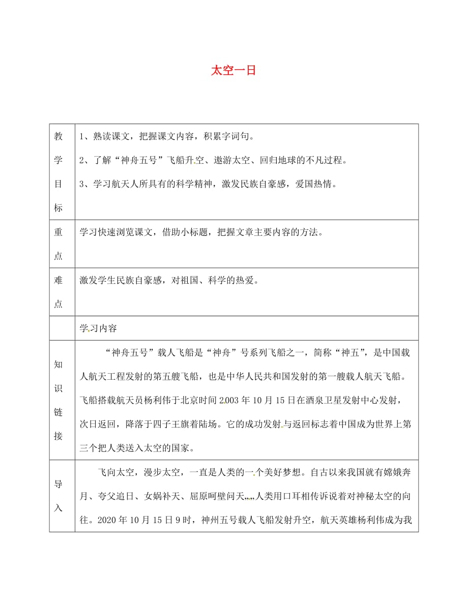 天津市滨海新区七年级语文下册 第六单元 22太空一日导学案（无答案） 新人教版（通用）_第1页