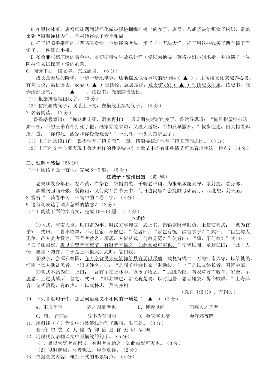 江苏省连云港市九年级语文下学期全真模拟试题（三）_第2页