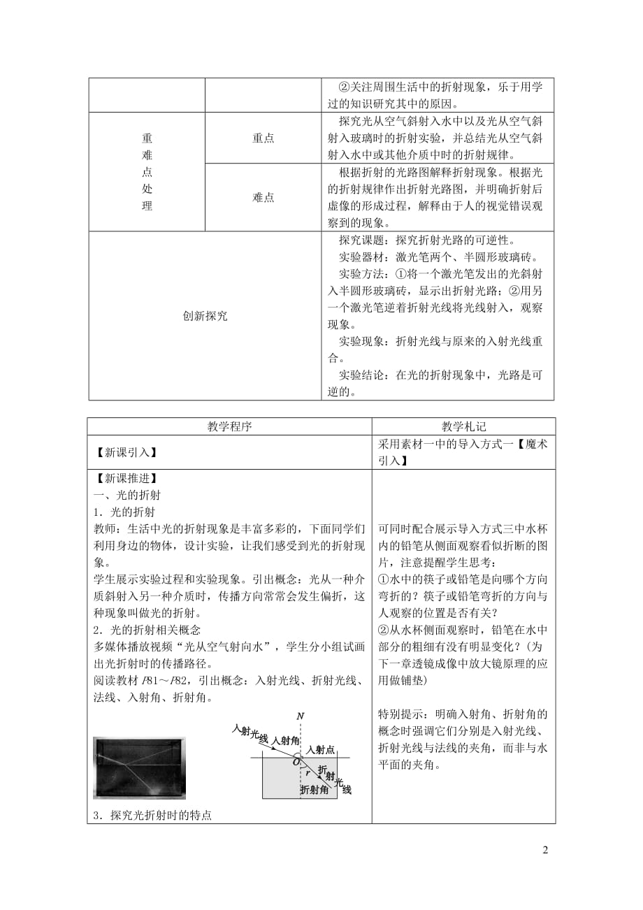 八年级物理上册4.4光的折射教学设计（新版）新人教版_第2页