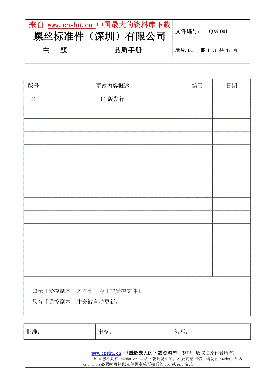 （企业管理手册）螺丝有限公司ISO范本品质手册_第1页