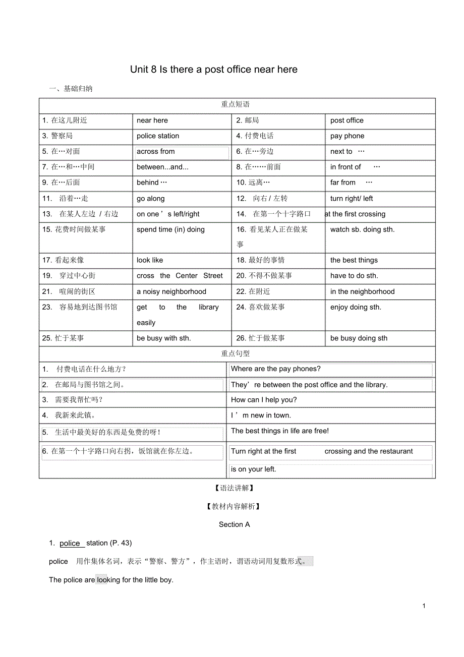 2020七年级英语下册Unit8Isthereapostofficenearhere短语、语法知识点汇总(新版)人教新目标版.pdf_第1页