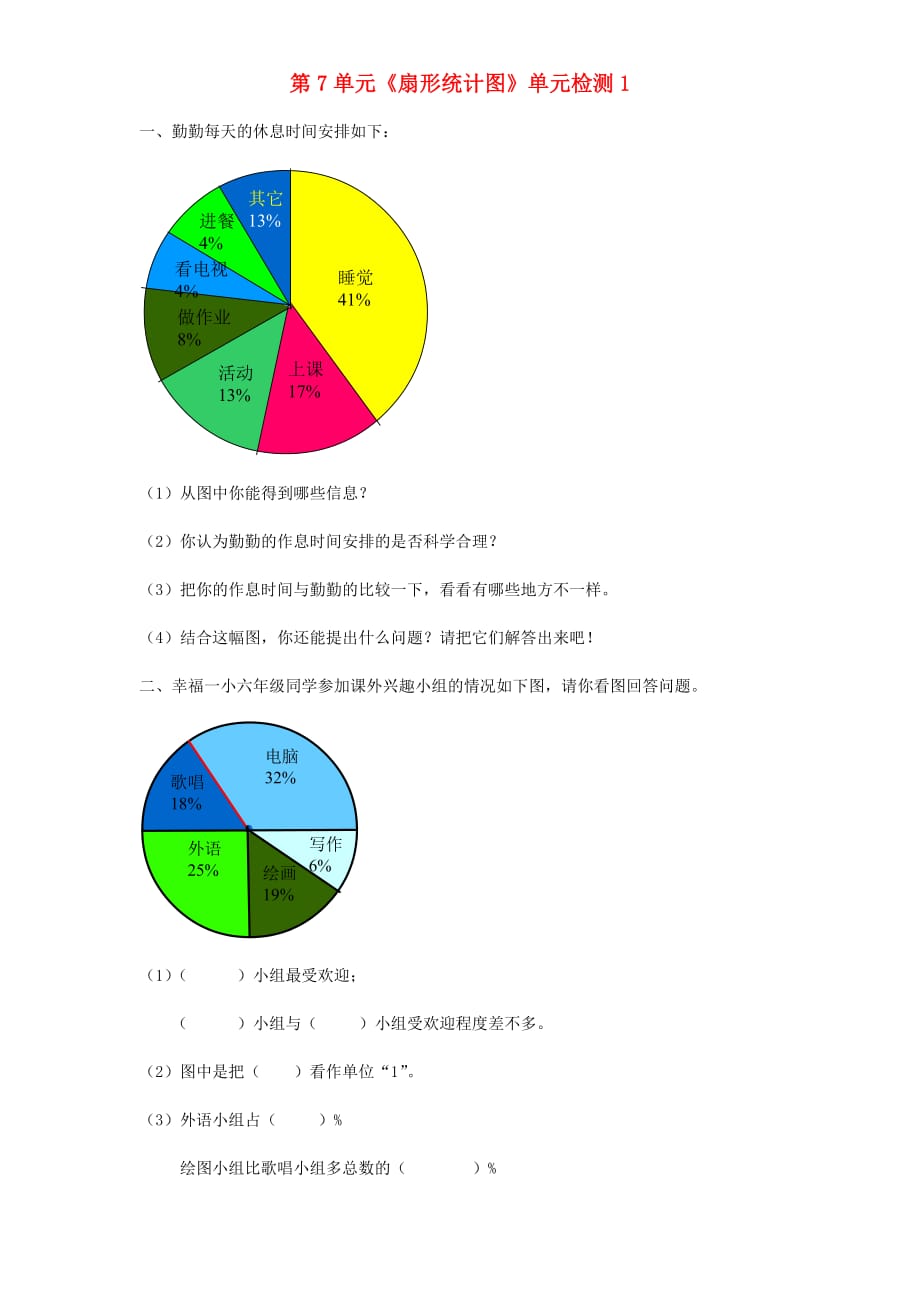 六年级数学上册第7单元《扇形统计图》单元综合检测1（新人教版）_第1页