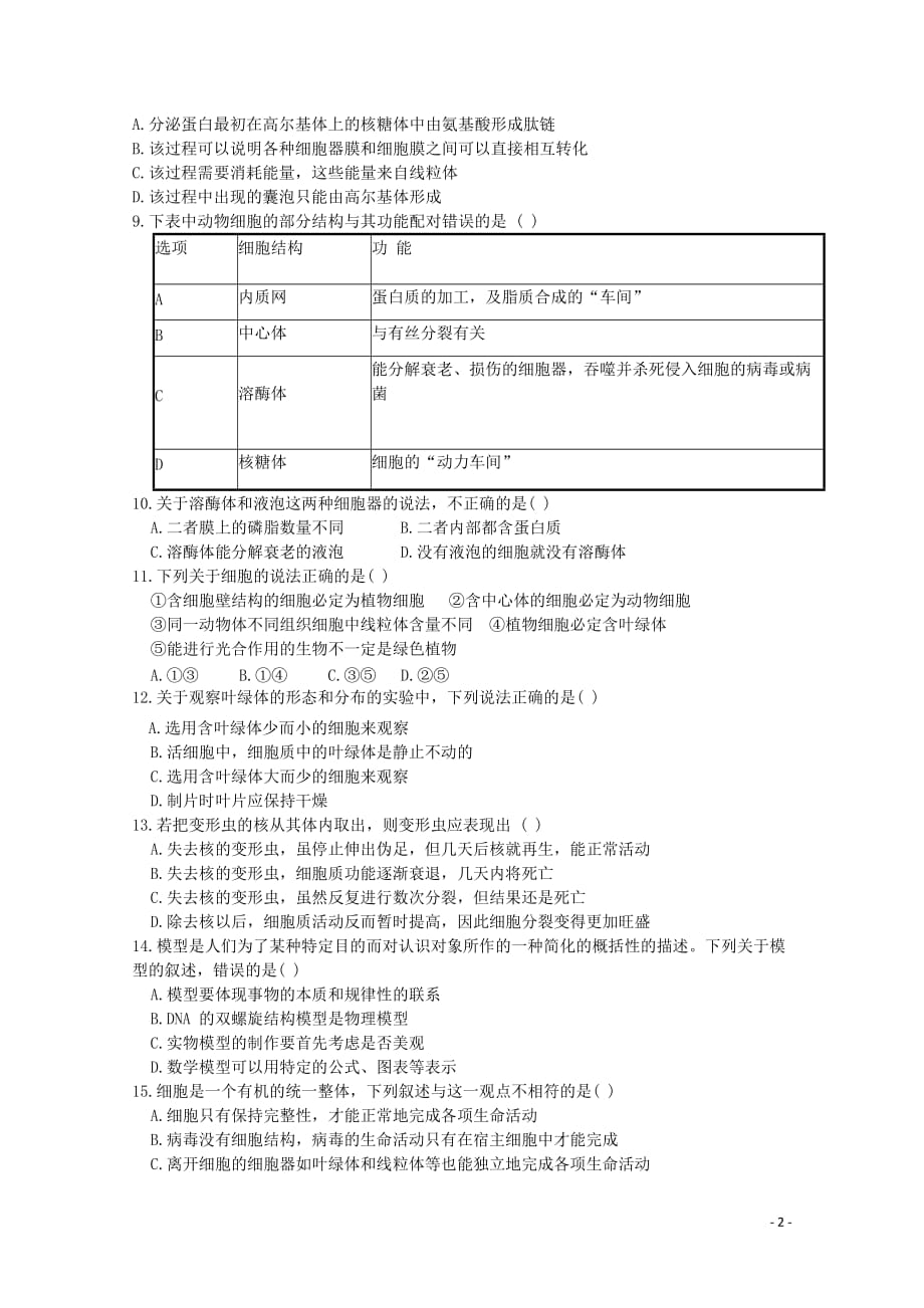 内蒙古北师大乌海附属学校高一生物下学期入学考试试题（无答案）_第2页