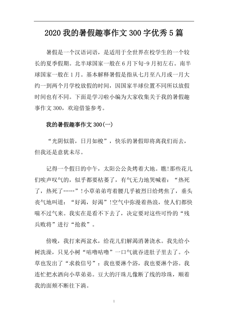 2020我的暑假趣事作文300字优秀5篇.doc_第1页