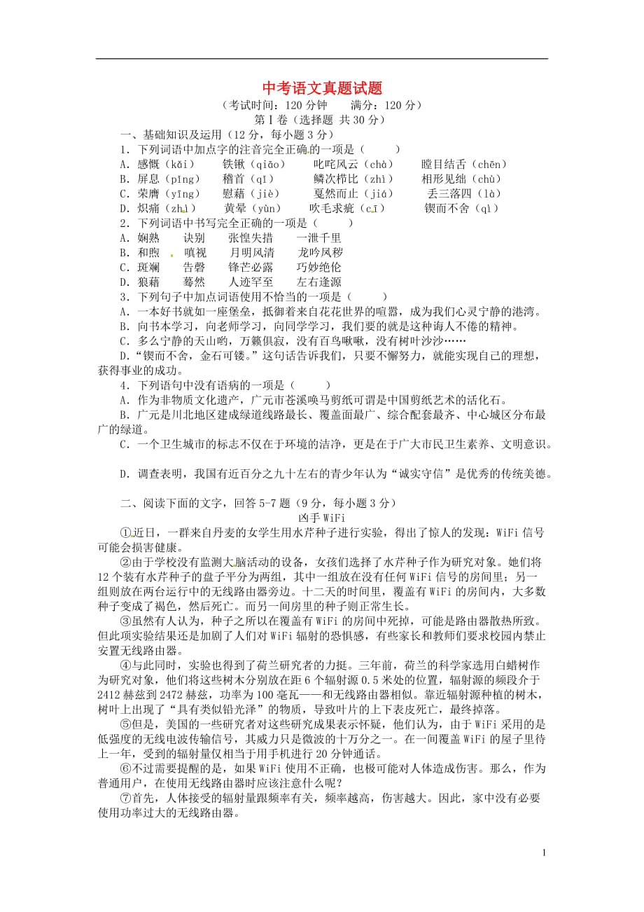 四川省2019-2020年中考语文真题试题_第1页