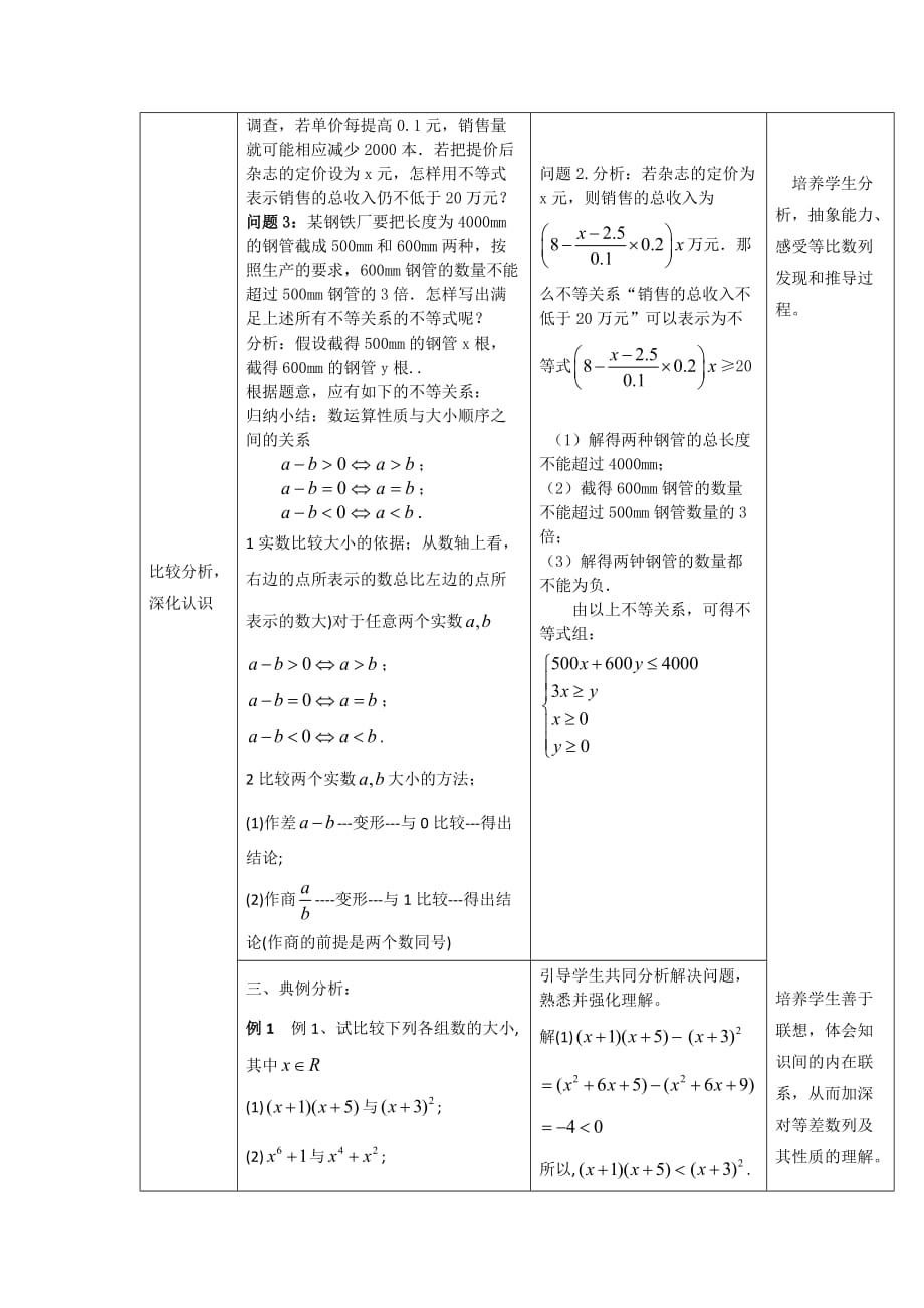 人教A版高中数学必修五第三章3.1《不等关系与不等式》（第1课时）【教案】_第2页