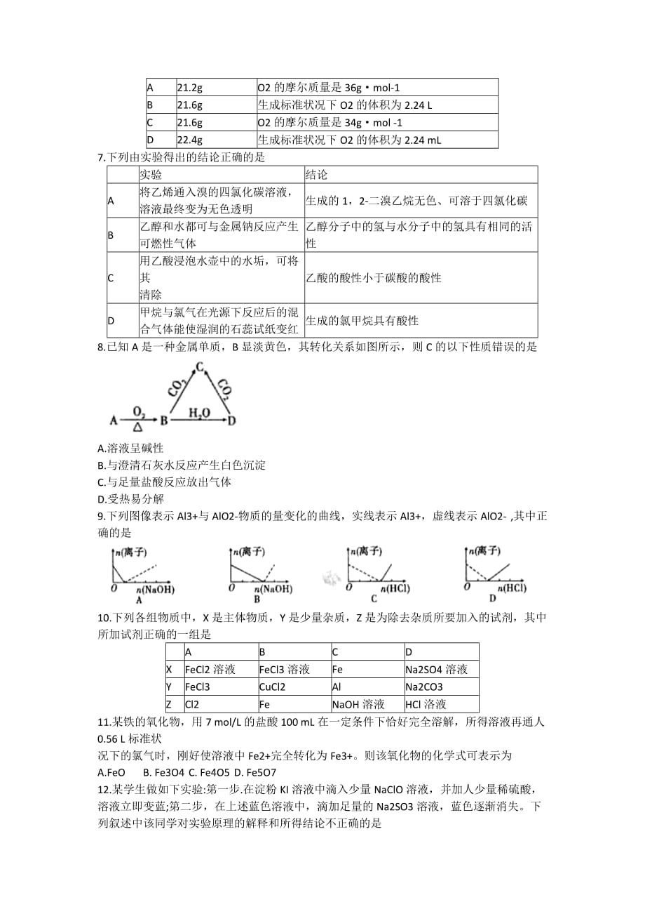 安徽省高一上学期入学检测化学试题 Word版无答案_第2页