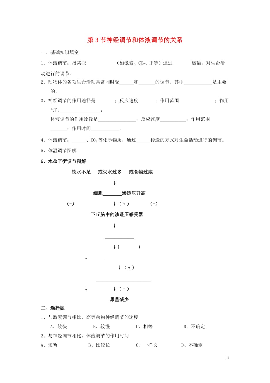 湖南省茶陵县高中生物第二章动物和人体生命活动的调节2.3神经调节和体液调节的关系练习（无答案）文新人教版必修3_第1页