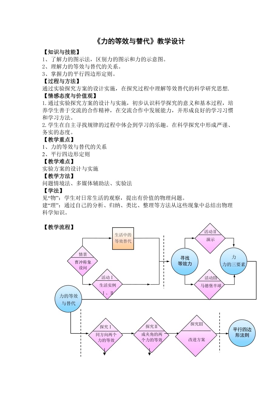 粤教版高中物理必修一3.3 力的等效与替代教学设计_第1页