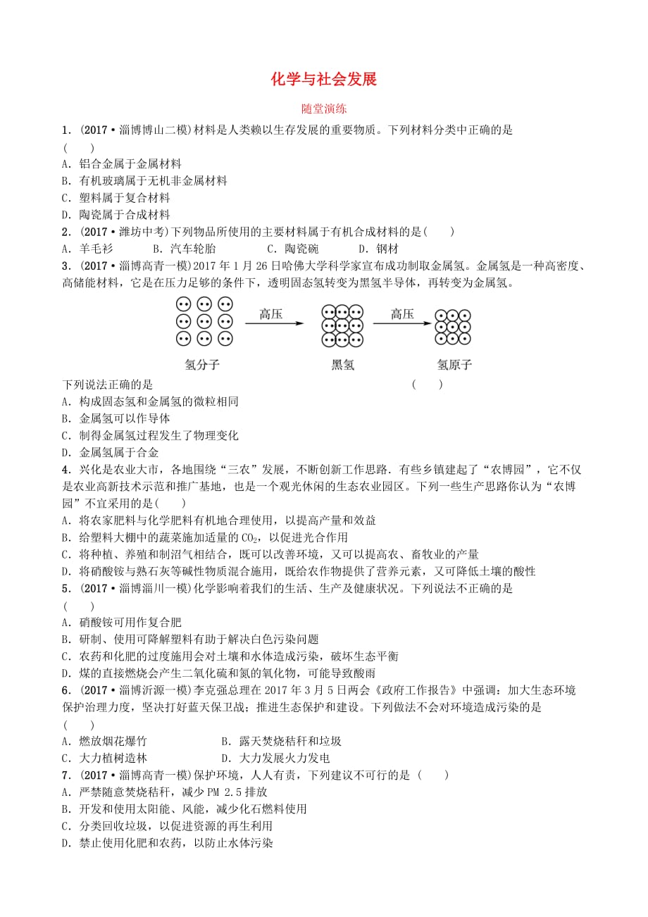 淄博专版中考化学复习第一部分九全第六单元化学与社会发展随堂演练鲁教版_第1页