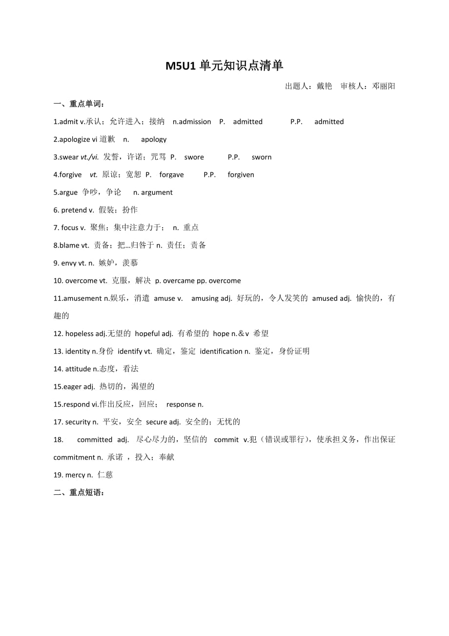 江苏省新马高级中学高二英语：M5U1知识点清单_第1页