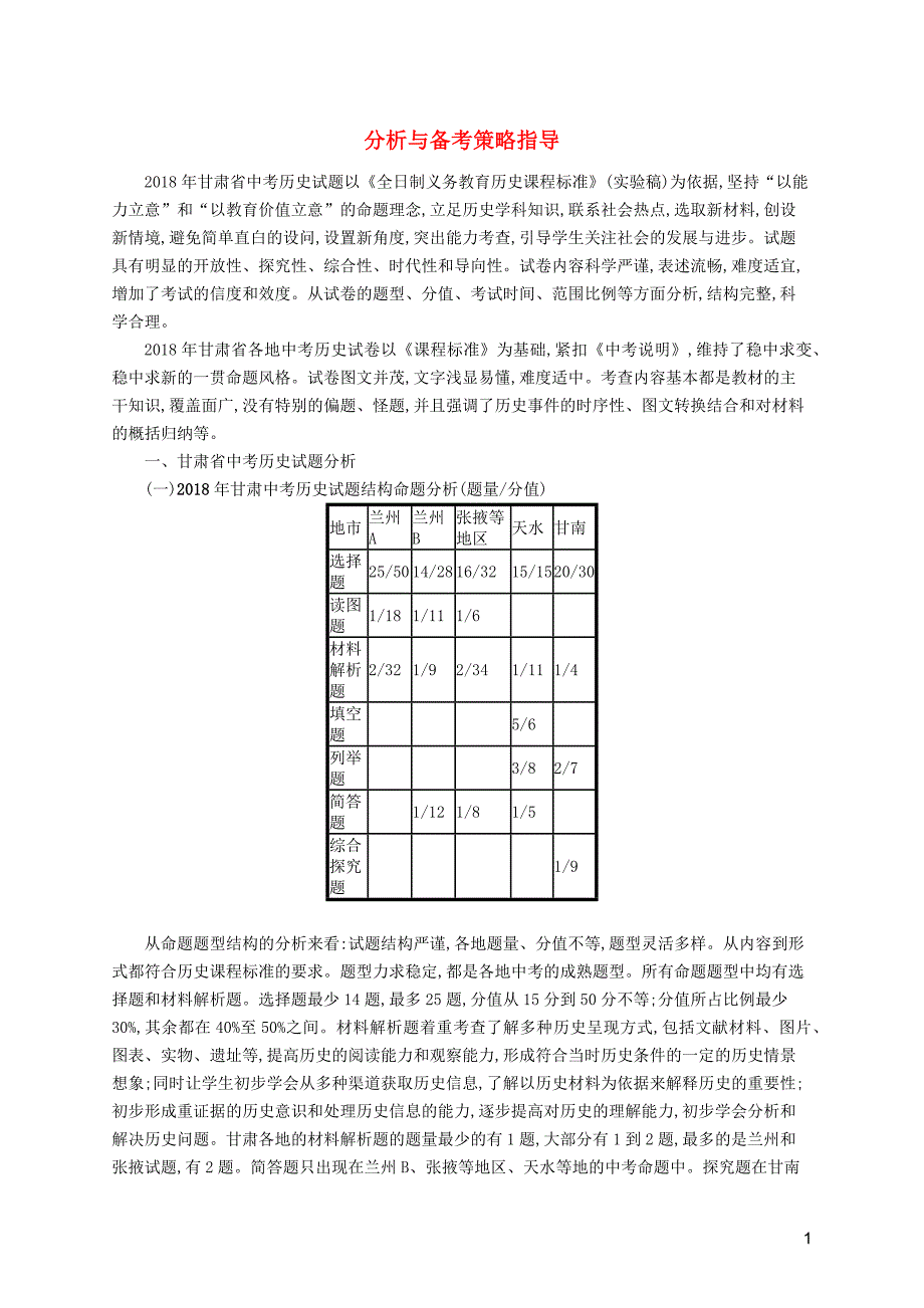 （课标通用）甘肃省中考历史总复习各地试卷分析与备考策略指导素材_第1页