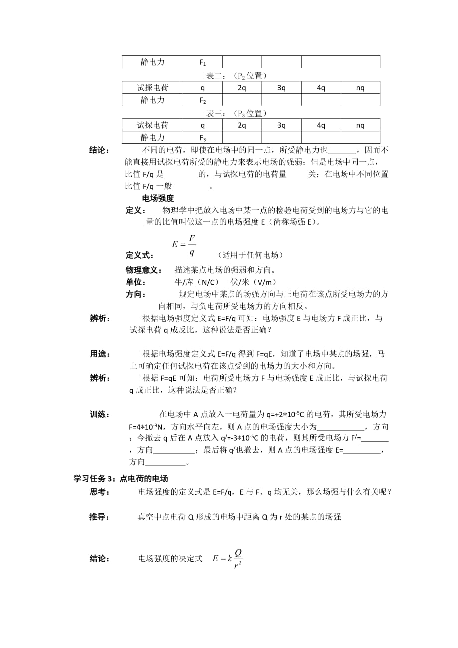 江苏省江阴市祝塘中学人教版高中物理选修3-1导学案：&amp#167;1.3电场强度（一）_第2页