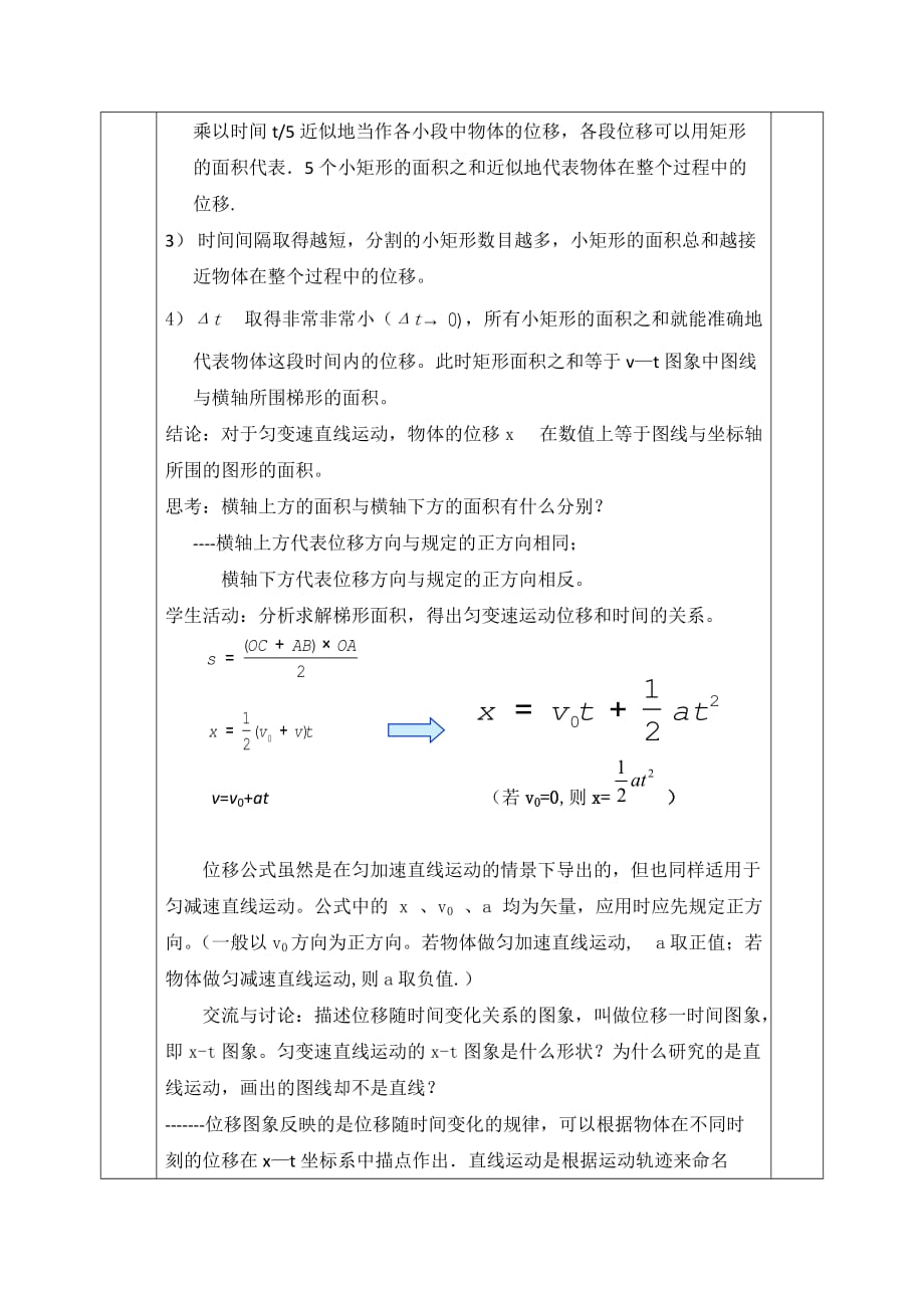 安徽省合肥市第六十二中学高中物理必修一人教版教案：2.3 匀变速直线运动的位移与时间_第4页