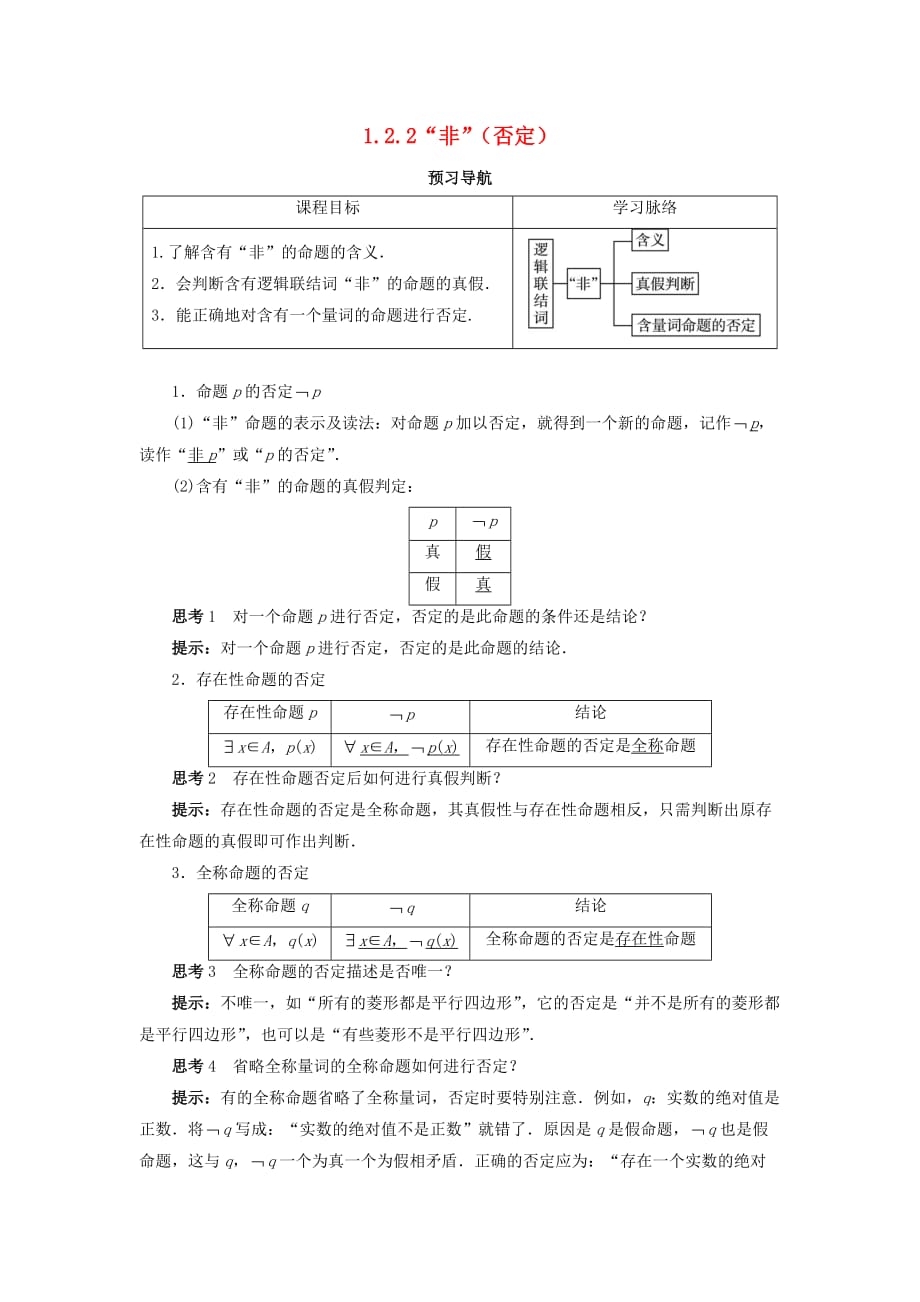 人教B版高中数学选修2-1第一章常用逻辑用语1.2基本逻辑联结词1.2.2“非”否定预习导航学案_第1页