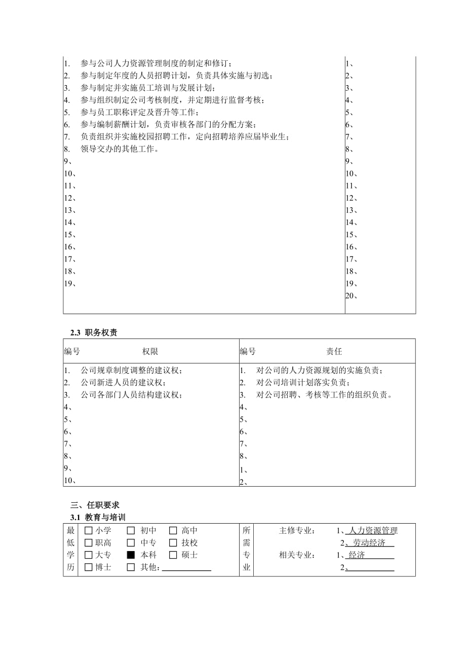 （岗位职责）人力资源与行政部人力资源专员职务说明书_第2页