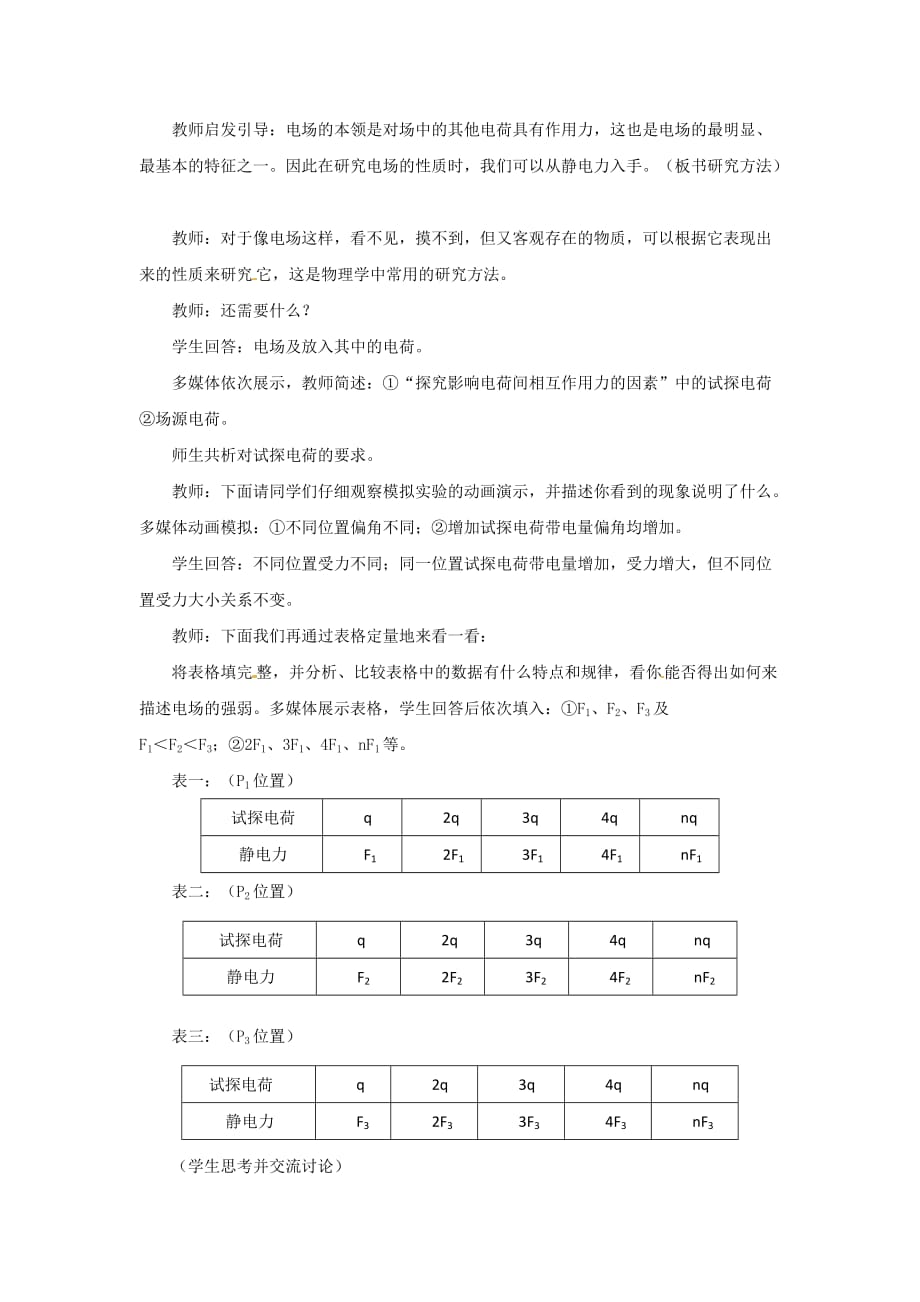 人教版高中物理选修3-1 第一章 第3节 电场强度 教案2_第4页