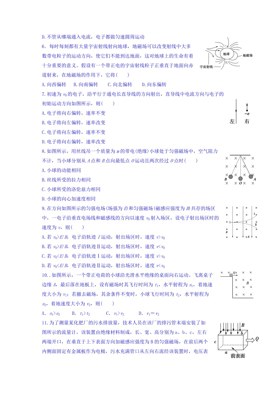 浙江省台州市蓬街私立中学高中物理（7、8班）选修3-1 3.5运动电荷在磁场中受到的力 习题2 Word版缺答案_第2页