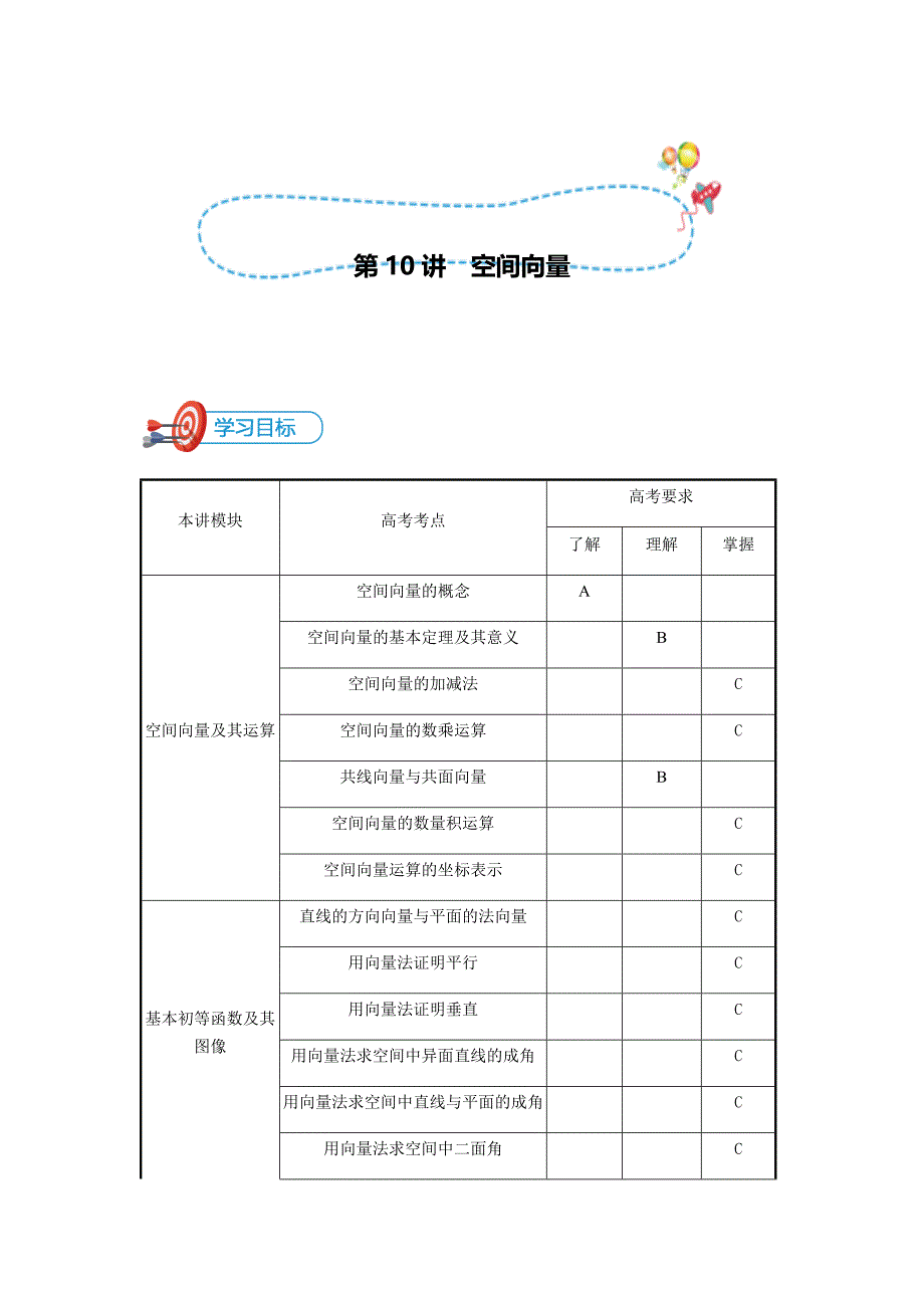 知名机构高中讲义 [20171201][高三二轮复习 第10讲 空间向量]讲义学生版.docx_第1页