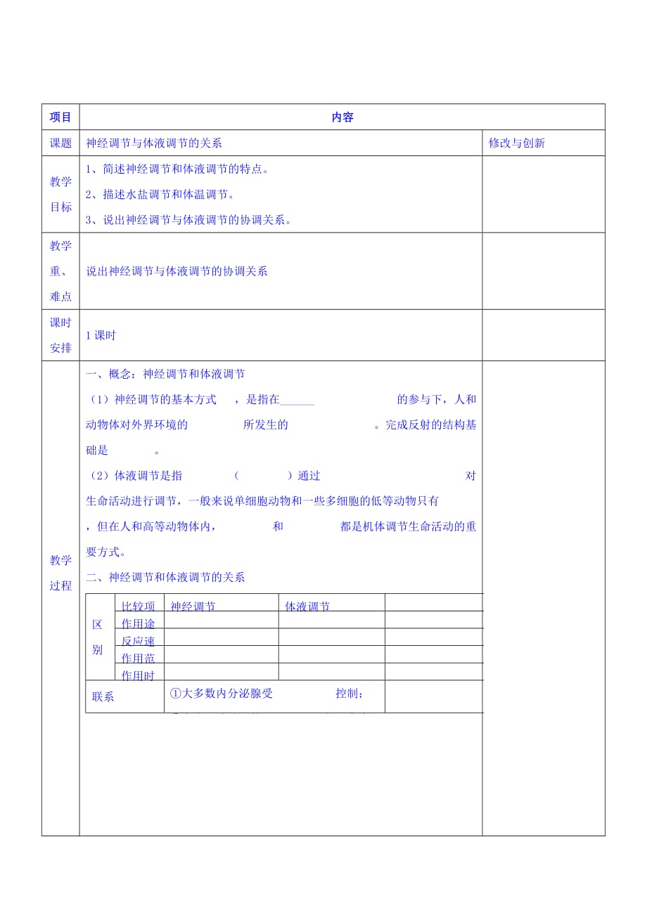 安徽省潜山县三环高级中学高中生物人教必修三教案：2.3神经调节和体液调节的关系_第1页