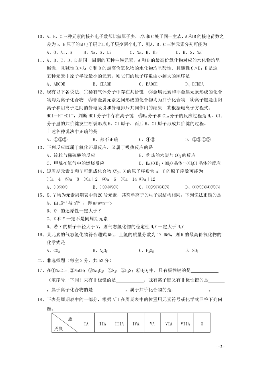 湖南省武冈二中高一化学下学期第一次月考试题（无答案）_第2页