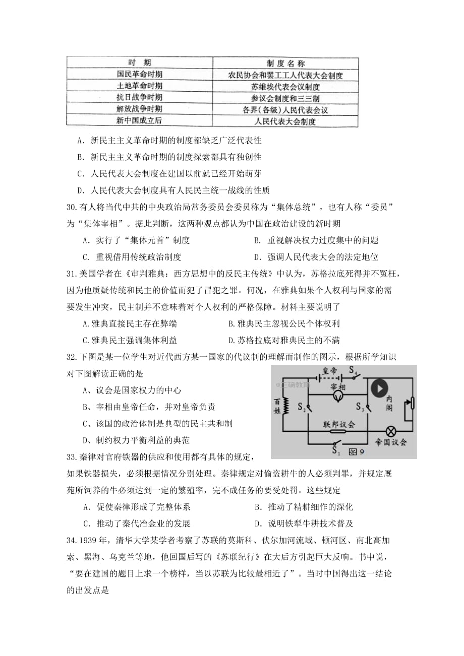 重庆市万州区分水中学高三9月月考历史试卷 Word版缺答案_第2页