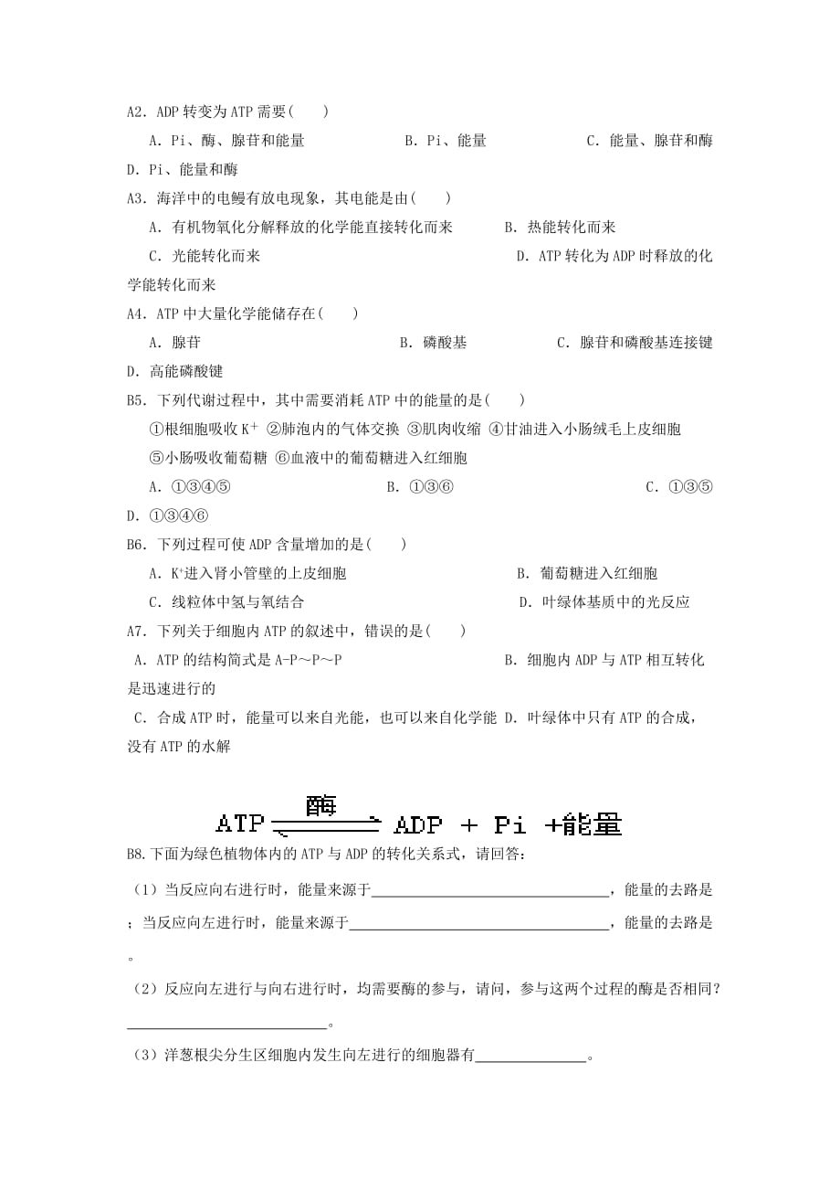 江苏省新马高级中学高中生物必修一导学案：4.1 ATP_第3页