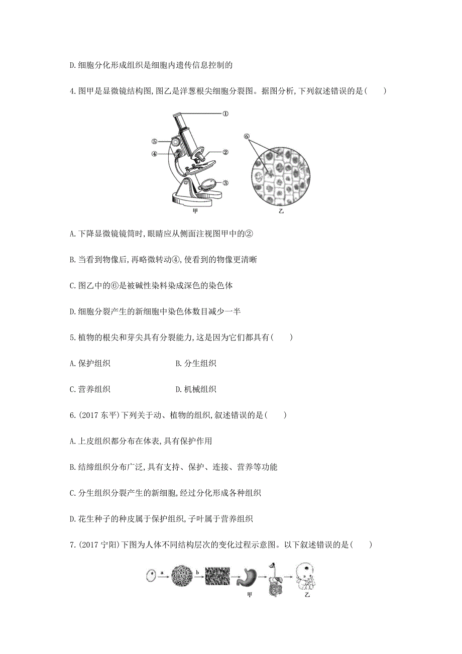 泰安地区中考生物第一部分基础过关第3课时细胞怎样构成生物体复习练习_第2页