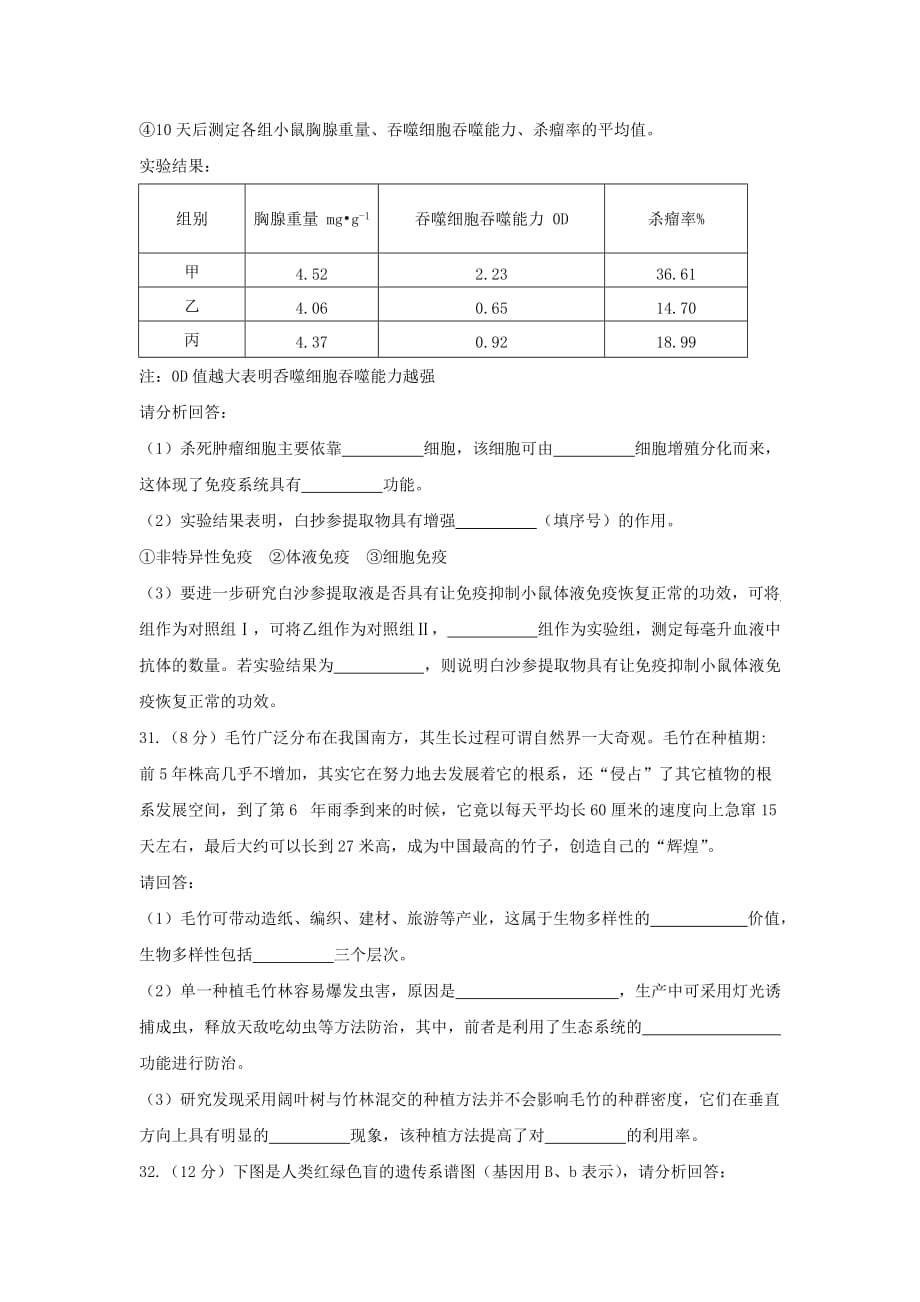 云南省高中新课标高三第四次双基检测理科综合生物试题 Word版缺答案_第3页