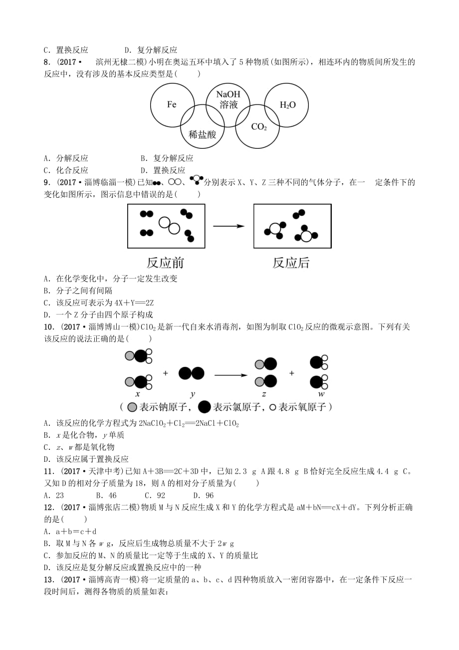 淄博专版中考化学复习第一部分八全第五单元定量研究化学反应随堂演练鲁教版_第2页